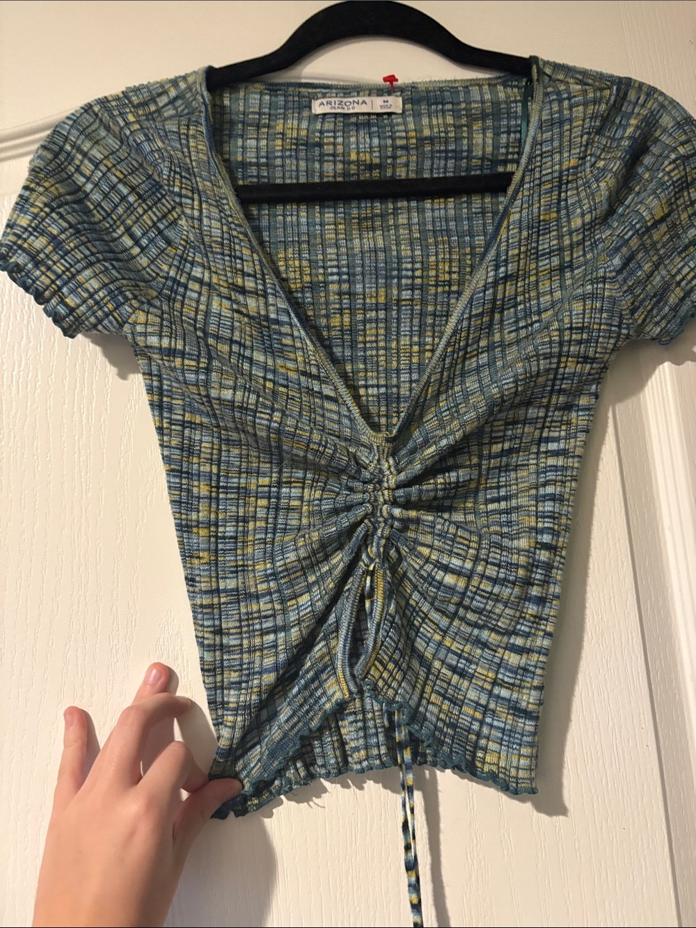 Arizona Jean Company Blue and Green Ruched V-Neck Crop Top